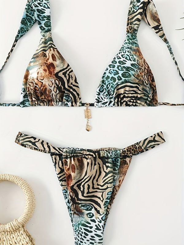 Leopard Print Halter Lace-Up Two-Piece Bikini Swimsuit for Beach Holidays