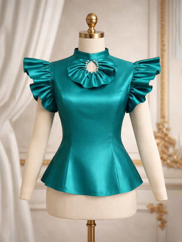 Pearl Round Neck Flutter Sleeve Shirt Top for Summer
