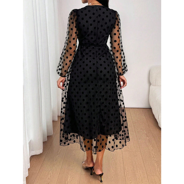 Black Polka Dot See-Through Mesh Round Neck Puff Sleeve A-Line Midi Dress for Events