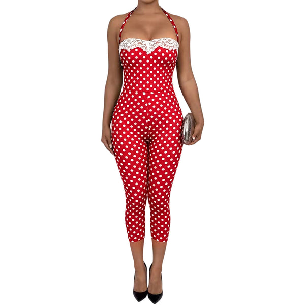 Polka Dot Patchwork Lace Halter Lace-Up Top for Clubwear