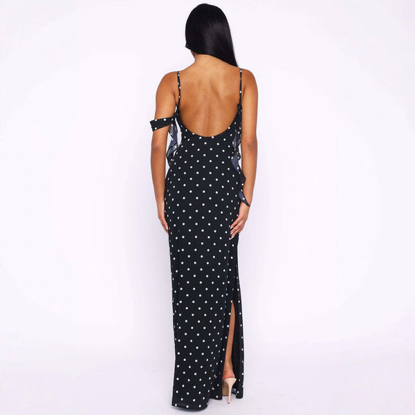 Polka Dot Strap Ruffle Slit Maxi Dress