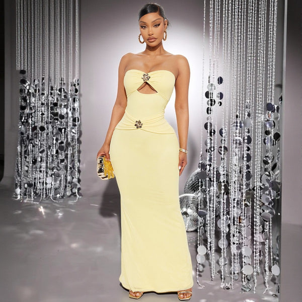 Strapless Cut-Out Metal Flower Bodycon Maxi Dress for Evening Parties