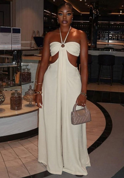 Summer Women's Fashion Sexy Cut-Out Halter Neck Lace-Up Loose Jumpsuit