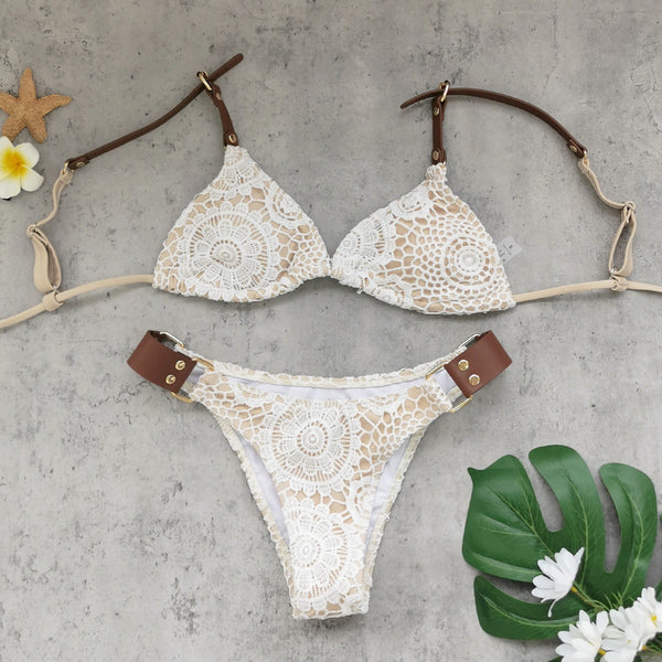 Backless Lace-Up Two-Piece Bikini Swimsuit for Beachwear