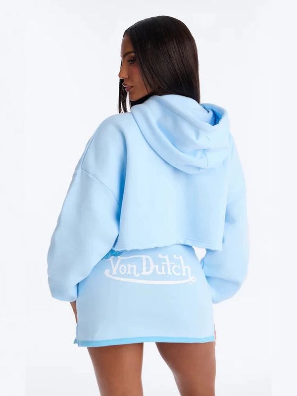 Printed Color-Block Hooded Zip-Up Skirt Set for Casual Activewear