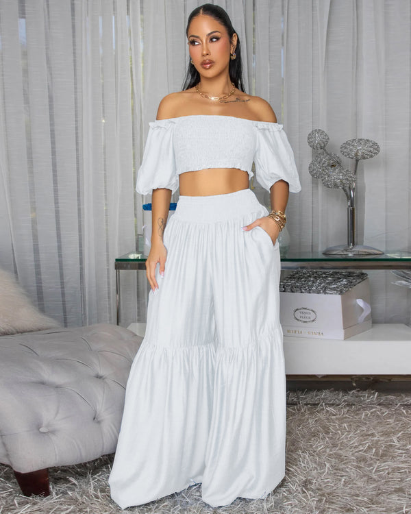 Solid Off-Shoulder Ruffle Top & Bell Bottom Pants Set for Summer Casual