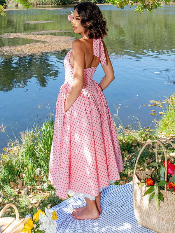 Polka Dot Halter Neck Backless Puffy Maxi Dress for Summer
