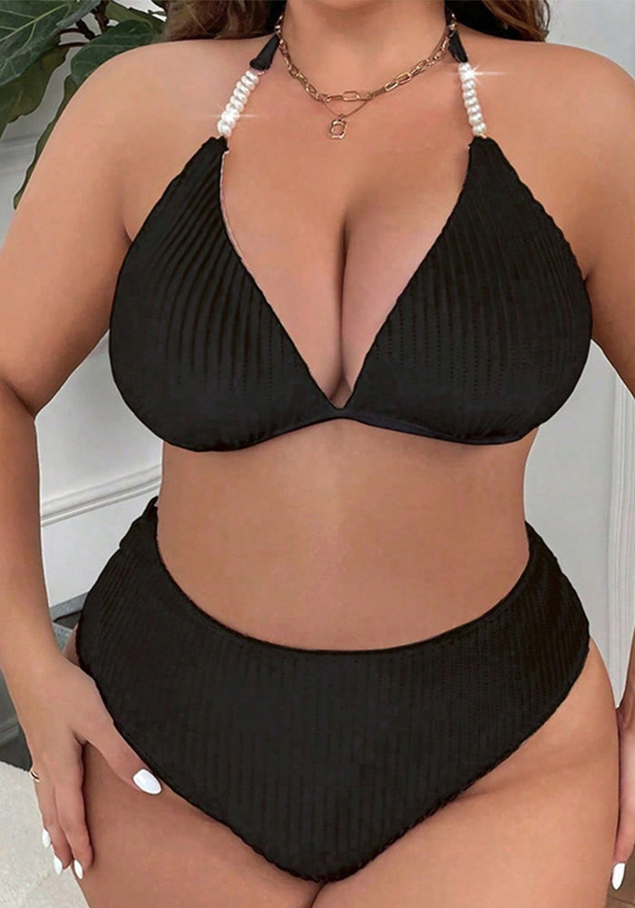 Plus Size Strappy Halter Solid High-Waist Bikini