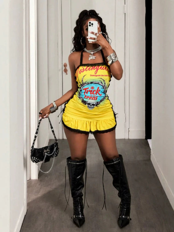 Skull Print Yellow Lace Ruffle Halter Mini Dress for Casual Wear