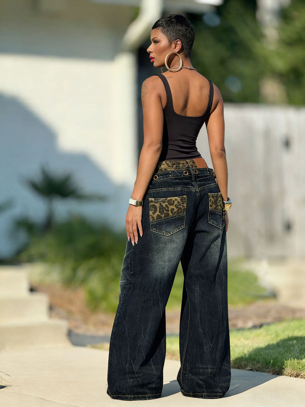 Leopard Patchwork Double Waist Denim Jeans for Streetwear