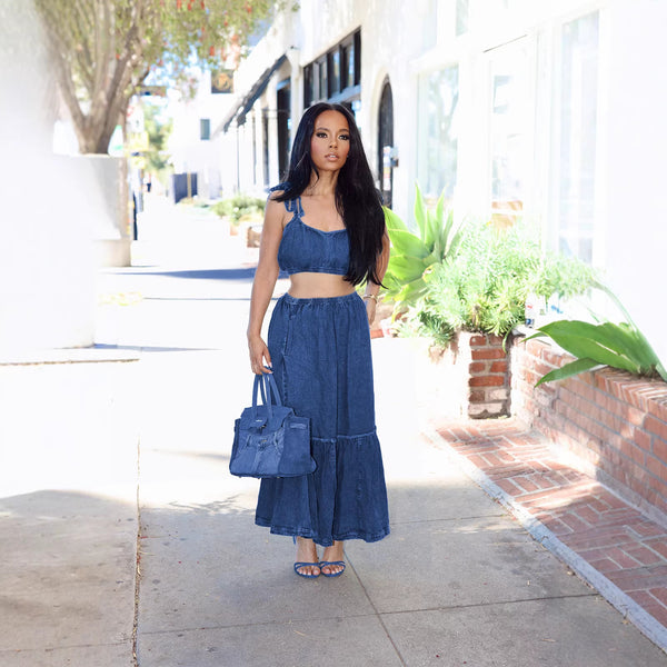 Denim Strap Top & Pocket Skirt Two-Piece Set for Streetwear