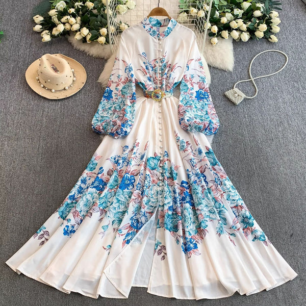 Printed Stand Collar Lantern Sleeve Dress for Casual Wear