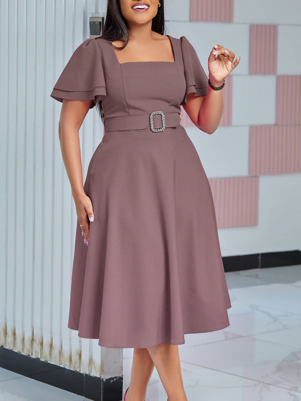 Bell Sleeve Square Neck High Waist Dress for Formal Events