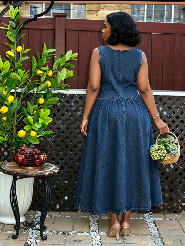 Pleated Sleeveless Denim Dress with Side Pockets for Casual Wear