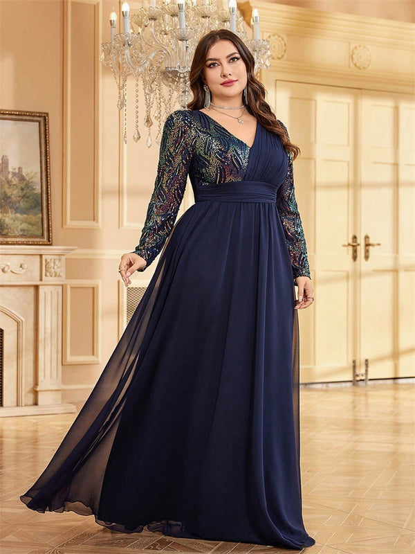 Plus Size Women sequin patchwork formal party fishtail maxi long sleeve evening dress