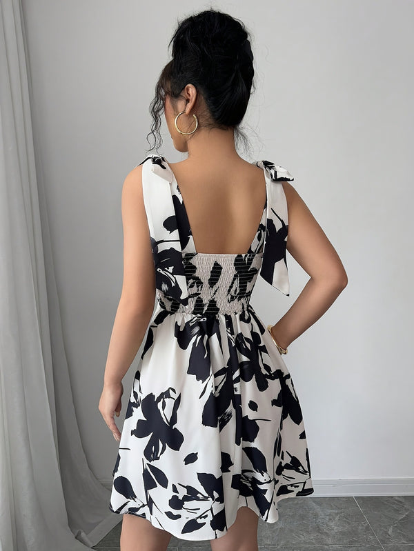French Style Printed Black Spaghetti Strap Tie Waist Dress for Summer Casual