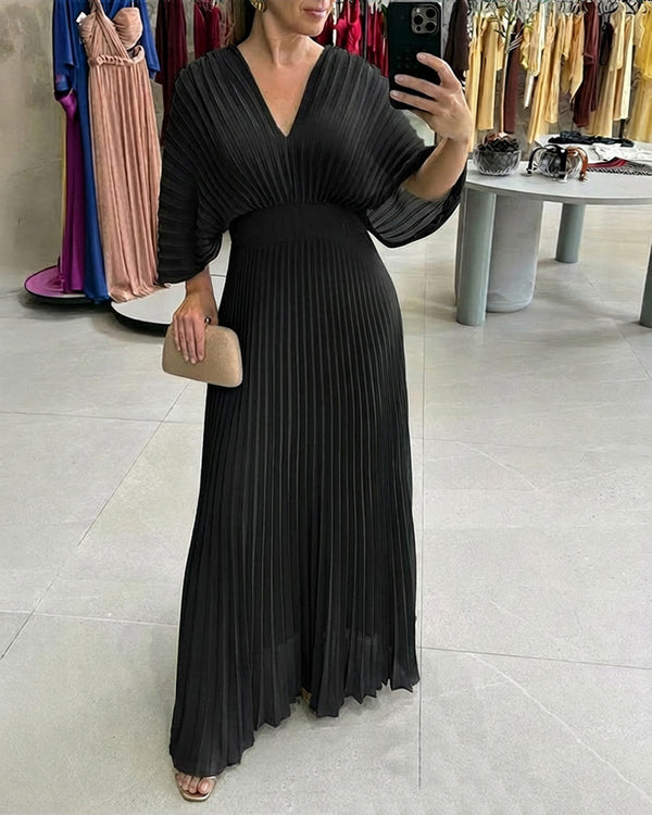 Pleated V-Neck Bell-Sleeve Dress