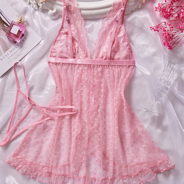 Women's Cute Pink Heart Print Sexy Slit Sheer Nightdress Lingerie Set