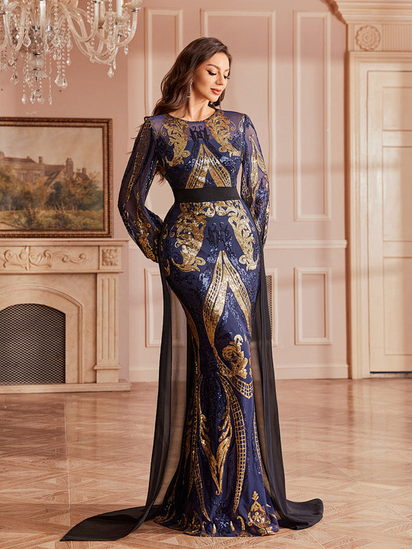 Long-Sleeved Round Neck Sequined Slit Gown for Formal Evening Parties