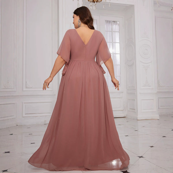 Plus Size V-Neck Slit Evening Gown for Formal Events