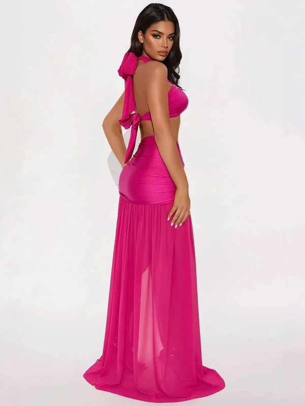 Solid Strapless Halter Top & Split Maxi Skirt Set for Summer Parties