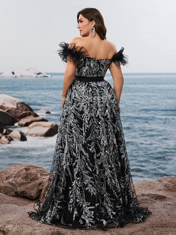Plus Size Off-Shoulder Sequin Feather A-Line Evening Gown