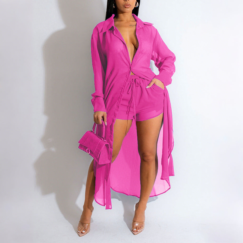 See-Through Button-Down Shirt & Shorts Set