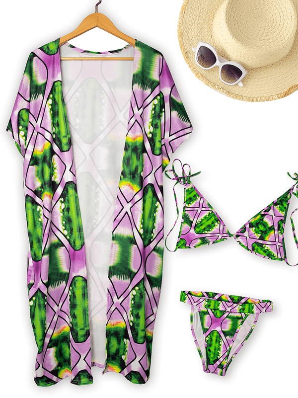 3 Piece Floral Leaf Bikini Top+Swim Bottom+Cover Up Tiynon