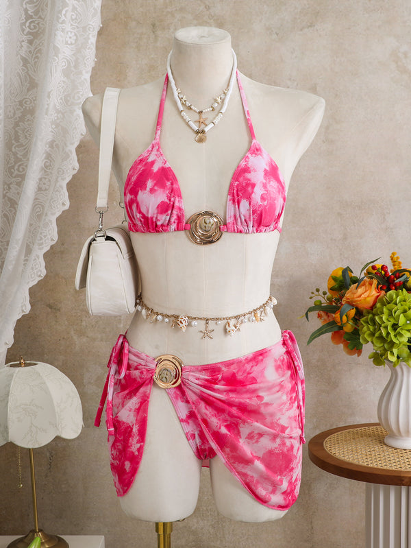 Tie-Dye Mesh Halter Lace-Up Three-Piece Bikini for Holidays