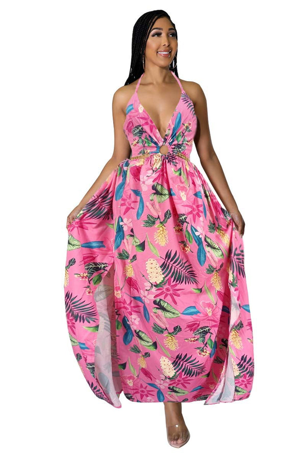 Floral Printed Halter Backless Slit Maxi Dress for Summer Parties