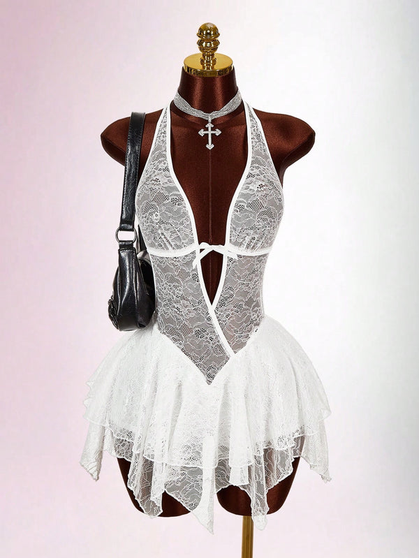 Lace See-Through Mesh Patchwork Halter Backless Jumpsuit for Parties