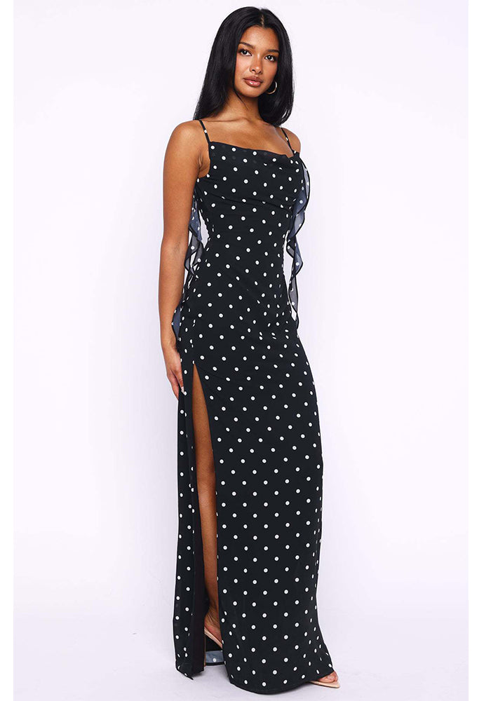 Polka Dot Strap Ruffle Slit Maxi Dress
