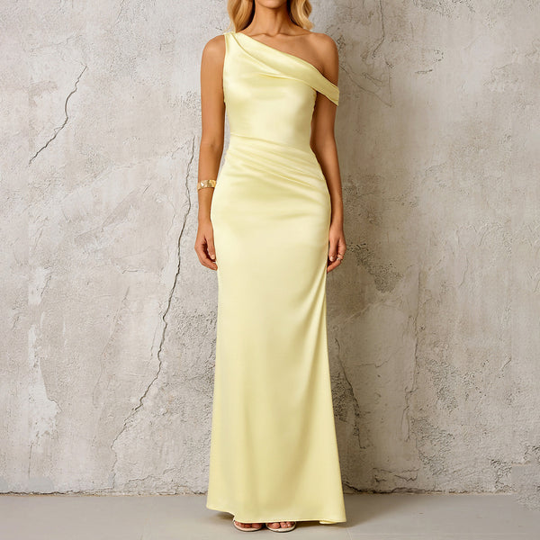 Satin One Shoulder Ruched Long Evening Dress