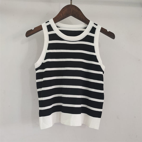 Women Spring Summer Round Neck Striped Knitting Tank Top