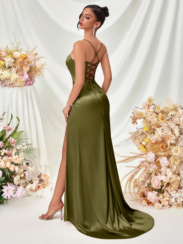 Strapless Slit Spaghetti Strap Maxi Dress for Evening Parties