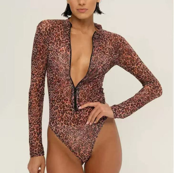 Long Sleeve Zipper Mesh One-Piece Swimsuit for Sun Protection