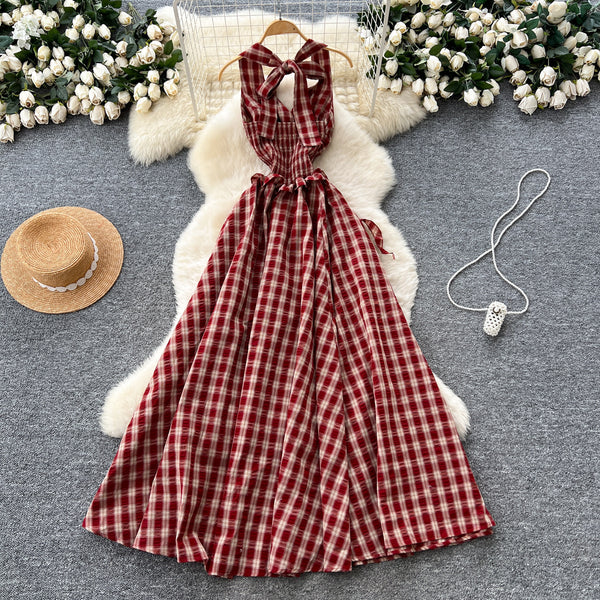 Floral Halter Strap Slim-Waist Plaid Maxi Dress for Summer Casual