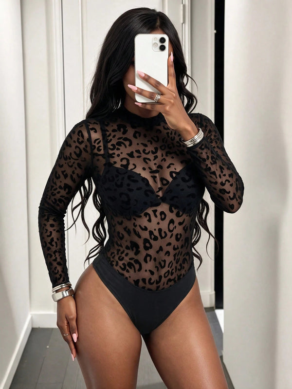 See-Through Mesh Leopard Lace Patchwork Jumpsuit for Clubwear