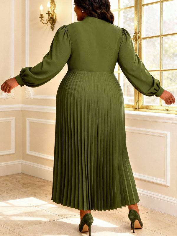 Plus Size Bow Embroidery Lantern Sleeve Pleated Dress for Formal Wear