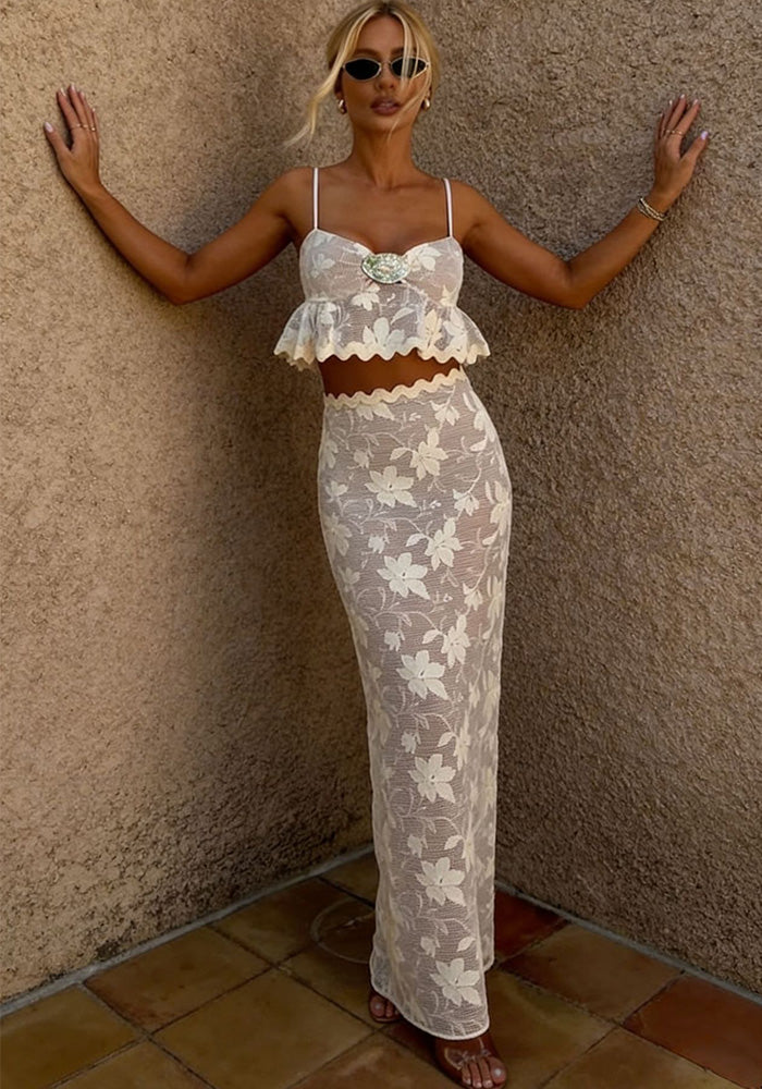Lace Embroidery See-Through Two-Piece Set for Holiday Wear