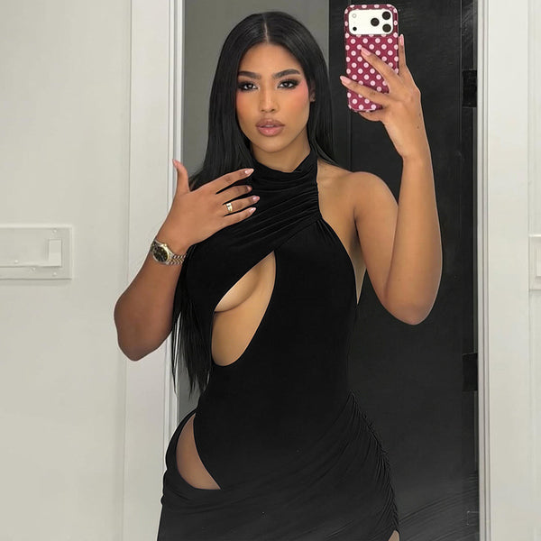 Faux Two-Piece Cross Hollow-Out Bodycon Dress for Party Wear