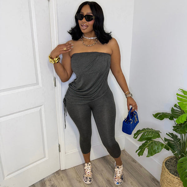 Faux Two-Piece Strapless Drawstring Asymmetrical Seven-Point Jumpsuit for Spring & Summer