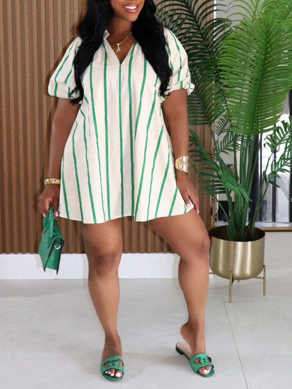 Striped V-Neck Puff Sleeve Shirt Dress for Summer