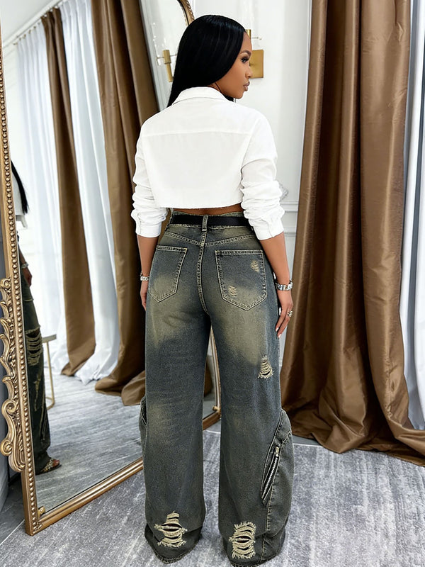 Women Ripped Pocket Cargo Denim Pants
