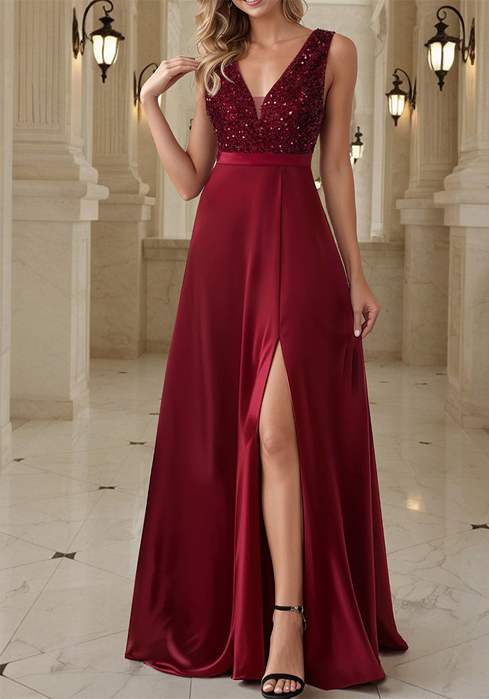 Women Sexy Sleeveless V-Neck Slit Evening Dress