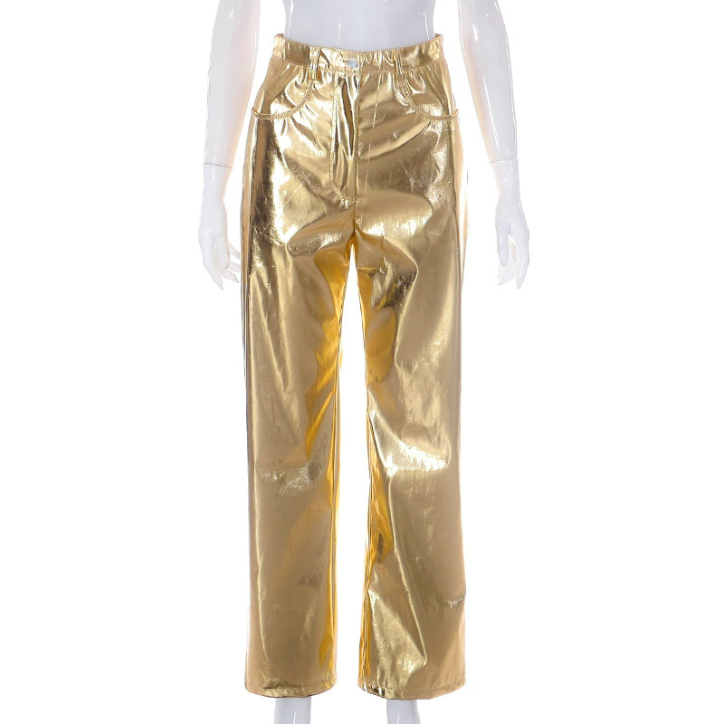 Women pu Leather Pocket Zip Casual Trousers