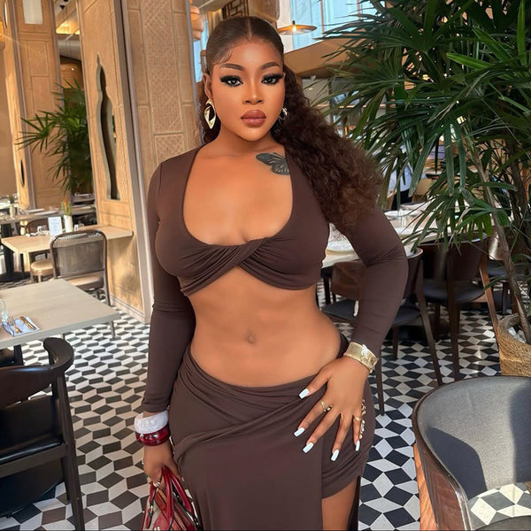 Solid U-Neck Long Sleeve Bodycon Skirt Set for Holidays