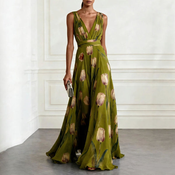 Tulip Printed Sleeveless V-Neck Maxi Dress for Summer Casual