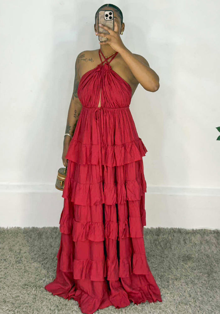Halter V-Neck Lace-Up Strap Dress for Summer