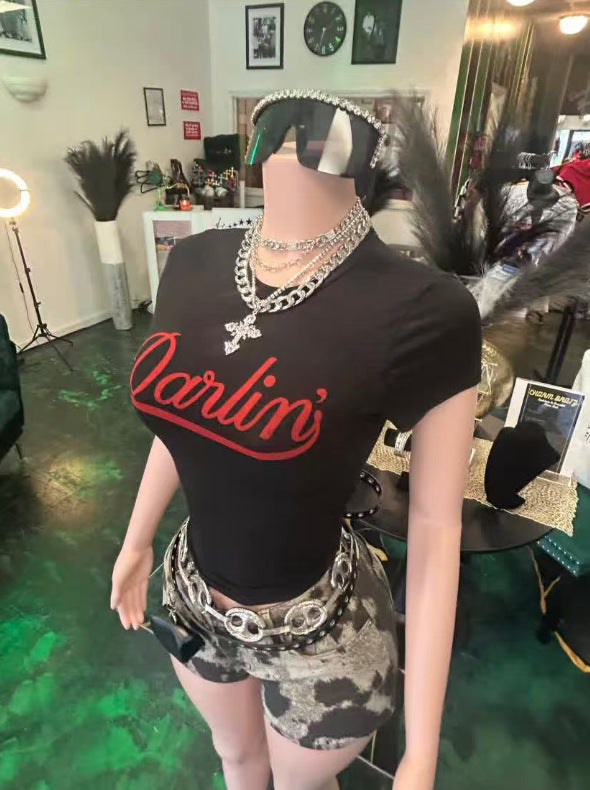 Letter Print Short Sleeve Crop T-Shirt for Summer